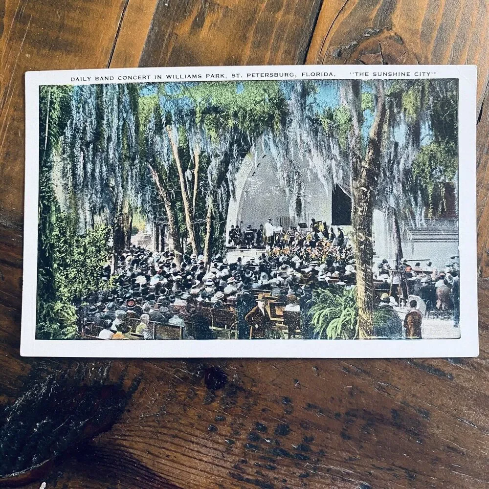 1920s Vintage Postcard People Williams Park Band Concert St Petersburg Florida